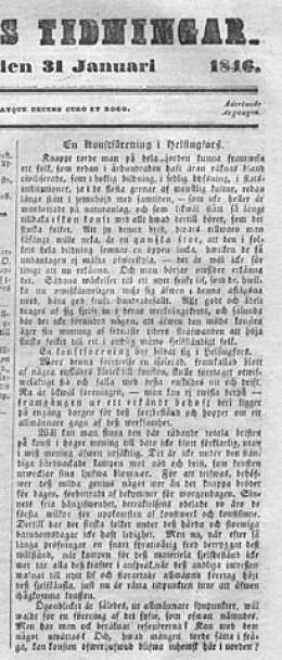 Suomen Taideyhdistys perustettiin 29. tammikuuta. Helsingfors Tidningar 31.1.1846.
