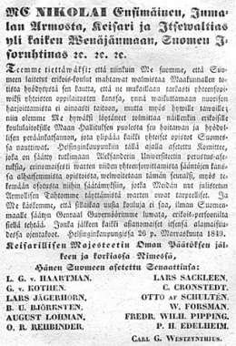 Julistus Suomen erikois-opistoin asettamisesta Hallituksen peräänkatsannon alle. 26.11.1849.