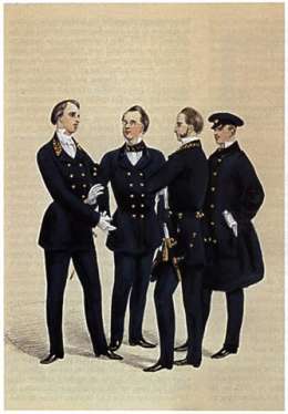 Severin Falkmanin vuonna 1853 tekemä ylioppilaiden univormumalli. Kuvassa ylioppilaat C.R.Mannerheim, C.A. Weurlander, W.Margunoff ja J.J. Chydenius. Kuva: Helsingin yliopisto.