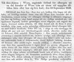 Waasan hovioikeudelle kiellosta kantaa puukkoa. 12.9.1850. Painettu: Törnqvist: Samling af de till efterlefnad gällande Bref, Förklaringar och Föreskrifter... V (1853). sivu 1.