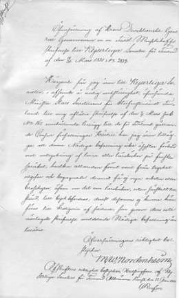 Käännös kenraalikuvernöörin kirjeestä 30.3.1850 senaatille, missä määrätään sensuurin tiukentamista. Asia oli esillä senaatin plenumissa 8.4.1850. Sen.tal.os. KD 124/13 1850. Kansallisarkisto.