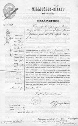 Alina Frasalle joulukuussa 1850 myönnetty oleskelelulupa. Sen.tal.os. AD 793/247 1851. Kansallisarkisto