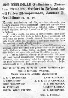 Asetus ehdoista, joilla kiintiää omaisuuttaa saadaan hallita Suomessa. 25.2.1851.
