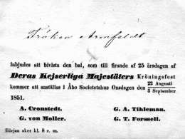 Kutsukortti v. 1851 keisarin kruunajaisten 25 v. muistojuhlaan. Museovirasto.
