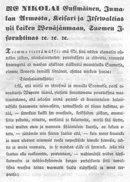 Julistus tilanhalaistuksista ja syytningistä eli wanhan asukkaan eläkkeestä maantiloilla Suomessa. 1.3.1852, sivu 2.