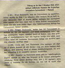 Statuter för Dess AlexandersUniversitet i Storfurstendömet Finland. 1.10.1852.
