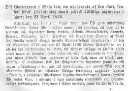 Vaasan läänin kuvernöörille tervanpolttoveron vapautuksesta 22.4.1852. Samling af de till efterlefnad gällande Bref, Förklaringar och Föreskirfter VI.