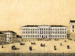 Helsingin yliopisto 1851. Kuva F. Liewendahlin sarjasta Helsingfors och dess omgifningar. Museovirasto.