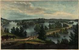 P.A. Kruskopf, Pärnän silta. Kuva julkaistiin 1853 teoksessa La Finlande pittoresque. Pärnänkoski ja silta ovat Vuoksen pohjoisella, Käkisalmen kautta Laatokkaan virtaavalla reitillä. Kalastus täällä taantui kun Vuoksi 1857 alkoi virrata Laatokkaan osin etelän kautta.