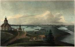 Savitaipaleen puukirkko rakennettiin paikallisin voimin vuosina 1823-1828. P.A. Kruskopf: Savitaipaleen kirkko 1840-luvulla. Kuva julkaistiin väritettynä 1853 teoksessa La Finlande pittoresque. Helsingfors, Imprimerie de H.C. Friis. 