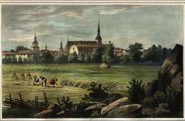 Johan Knutson: Wasa. Från Norr. Kuva on tehty ennen vuotta 1852, mutta julkaistu 1853 väritettynä teoksessa La Finlande pittoresque. Palo elokuussa 1852 hävitti nämä rakennukset. Säästynyt Hovioikeuden talo muutettiin kirkoksi.