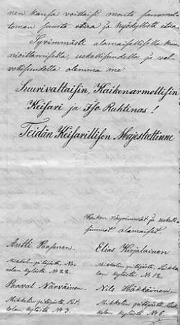 Mikkelin seudun talonpoikien anomus suomen kielen puolesta 1854. VSV 70/1854. Kansallisarkisto.