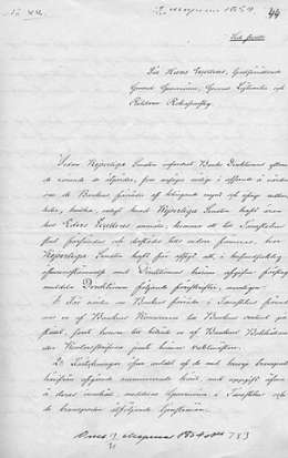Banko Direktionens kirje KK:lle 29.3. 1854 koskien rahojen ja muiden varojen siirtoa sodan takia Helsingistä Hämeenlinnaan. KKK 79/1854. Kansallisarkisto.