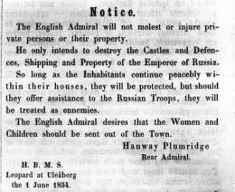 Englantilaisen sotalaivan kapteenin tiedotus Oulun asukkaille 1.6.1854