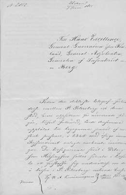 Suomen Pankin anomus kenraalikuvernöörille 24.5./5.6.1855 saada lennättimen kautta pörssikurssit Pietarista.