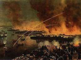 Suomenlinnan pommitus 9-11.8.1855. Ranskalainen värilitografia M.Beegerin piirroksen mukaan. Kuva: Museovirasto.