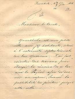 Kenraalikuvernööri F.W. Bergin matkakirje ministerivaltiosihteeri Armfeltille. Kirje päivätty Jyväskylässä 27.6./9.7.1856. Armfeltin arkisto II 16 a. Kansallisarkisto.