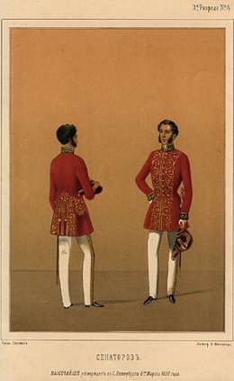 Kuva ehdotuksesta senaattorien virkapuvuksi 1856. Kansallisarkisto.