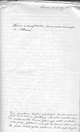 Kenraalikuvernööri Fr.R. von Bergille tehty lapinlahtelaisen Johan Lustigin kirjelmä suomen kielen käytöstä. Päivätty Idensalmi 3.8.1857, sivu 1. KKK 158/1855-1857. IV. Kansallisarkisto.