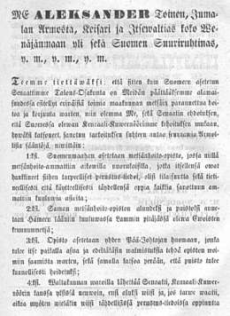 Julistus metsänhoito-opiston asettamisesta Suomenmaahan. 10.3.1858.