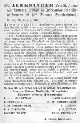 Julistus palkollisten pestausja ylössanonta-ajasta. 29.3.1858.
