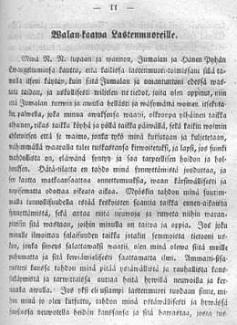 Walan-kaawa Lastenmuoreille. Uudistetty Armollinen Ohje-Sääntö lastenmuoreille eli kätilöimille Suomessa. 18.10.1859.