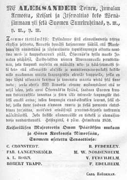 Julistus kaupungin perustamisesta Jomalan pitäjään Ahwenanmaalla. 4.2.1859.