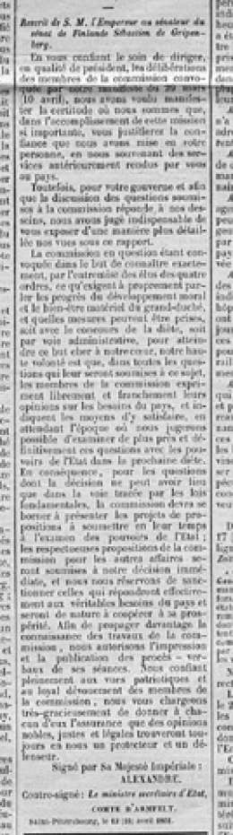 Aleksanteri II:n kirje senaattori Gripenbergille koskien valiokunnan tehtävää. Journal de St Petersbourg 19/31.5.1861.