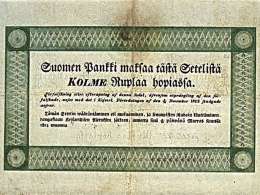 Kolmen ruplan seteli vuodelta 1861. Suome Pankki.