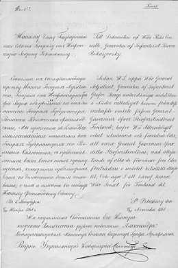 P.I. Rokassovskin nimityskirja kenraalikuvernööriksi 20.11.1861. KKK 44/1861. Kansallisarkisto.