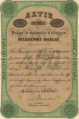 Helsingfors Dagbladin osakekirja. Museovirasto.