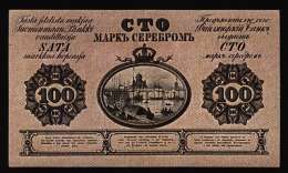 100 markan seteli vuodelta 1863. Se oli ensimmäinen, jossa oli maisemakuva. Suomen Pankki.