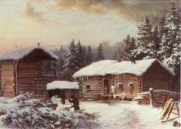 Talonpoikaistalon pihapiiri. Hjalmar Munsterhjelmin maalaus 1864. Kuva: Museovirasto.