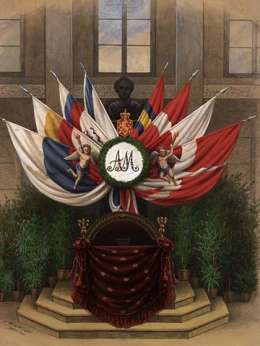 Magnus v. Wright, Koristelu perintöruhtinaan vihkiäisjuhlaan Helsingin yliopistossa 1865. Kuva: Museovirasto.
