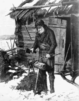 K.E. Jansson: Gubbe, som hackar granris. (1871) Kuva: Museovirasto