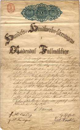Handels & Handtverks=föreningens i Nådendal Fullmäktigen... antama todistus karvarin sälli Henrik Tammiselle 1.5.1875. 