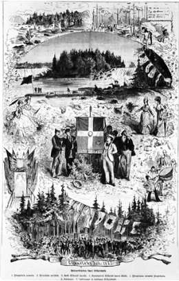 Pohjoismainen ylioppilaskokous Upsalassa heinäkuussa 1875. Kokousta esittävä piirroskuva. Kansallismuseo.