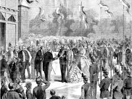 Aleksanteri II saapuu Helsingin teollisuusnäyttelyyn 1876. Lehtikuva. Museovirasto