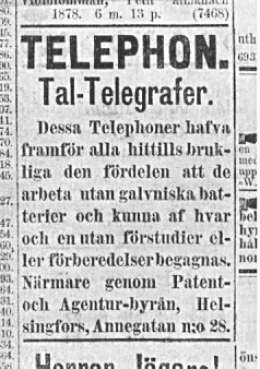 Helsingfors Dagblad 327/30.11.1877. Ensimmäinen ilmoitus Suomessa puhelimesta. 