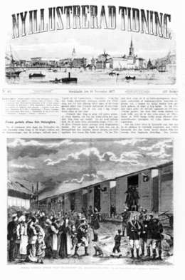 Ny Illustrerad Tidning 1876: Suomen kaarti lähtee Turkin sotaan Helsingin asemalta. Museovirasto.