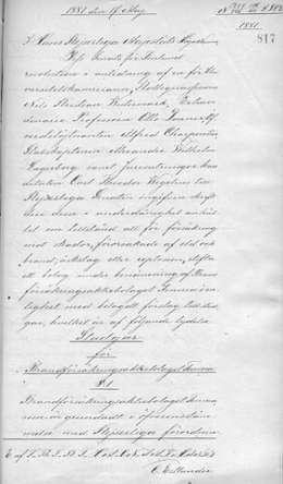 Senaatin päätös palovakuutusyhtiö Fennian perustamisesta ja säännöistä 17.5.1881. Kansallisarkisto. 
