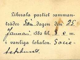 Kutsukortti liberaalisen puolueen kokoukseen Helsingissä 1882. Museovirasto.