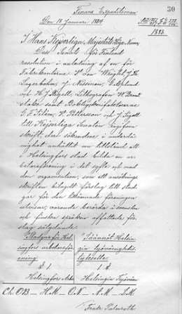 Helsingin työväenyhdistyksen säännöt. Sen.tal.os.päätöstaltio I/1884. Päätös 18.1.1884. Kansallisarkisto.