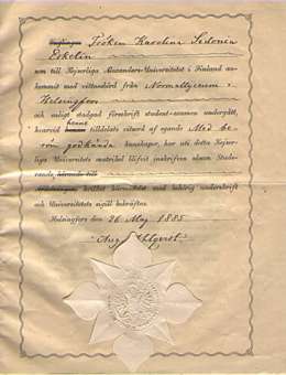 Karolina Eskelinin Ylioppilastodistus 26.5.1885. Yksit.om.