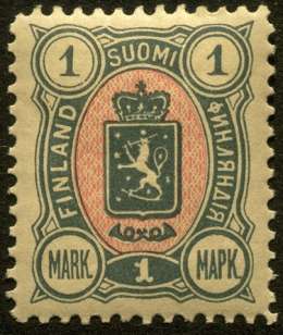 Postimerkki vuodelta 1889. Jo tuolloin niissä oli teksti myös venäjäksi. Postimuseo. 