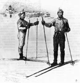 Mestarihiihtäjät Juho Ritola ja Aapo Luomajoki. Lehtileike 1891. Museovirasto.