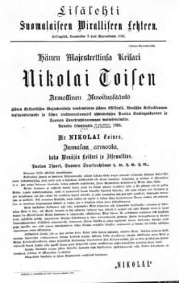 Ilmoitus Aleksanteri III:n kuolemasta 20.10./1.11.1894. Wirallinen Lehti 3.11.1894. 