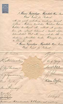 I Hans Kejserliga Majestäts Höga Namn, Dess Senat för Finland vill, ... härmed förklara ... Eskelin berättigad att, oaktadt sitt qvinliga kön, ... utöfva läkarekallet. ... Helsingfors, den 21. December 1896.