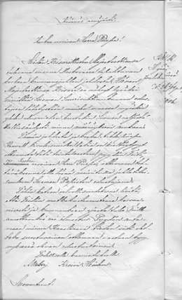 Käännös kenraalikuvernööri Heidenin kutsukirjeestä Kuopion piispalle Gustaf Johanssonille Nikolai II:n kruunajaisiin. Kutsu on päivätty 2/14.12.1895. Kansallisarkisto.