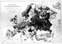 Kalastusta sameissa vesissä. Satiirinen Euroopan kartta, piirtänyt Fred. Rose. Julkaistu vuonna 1899, Museovirasto.